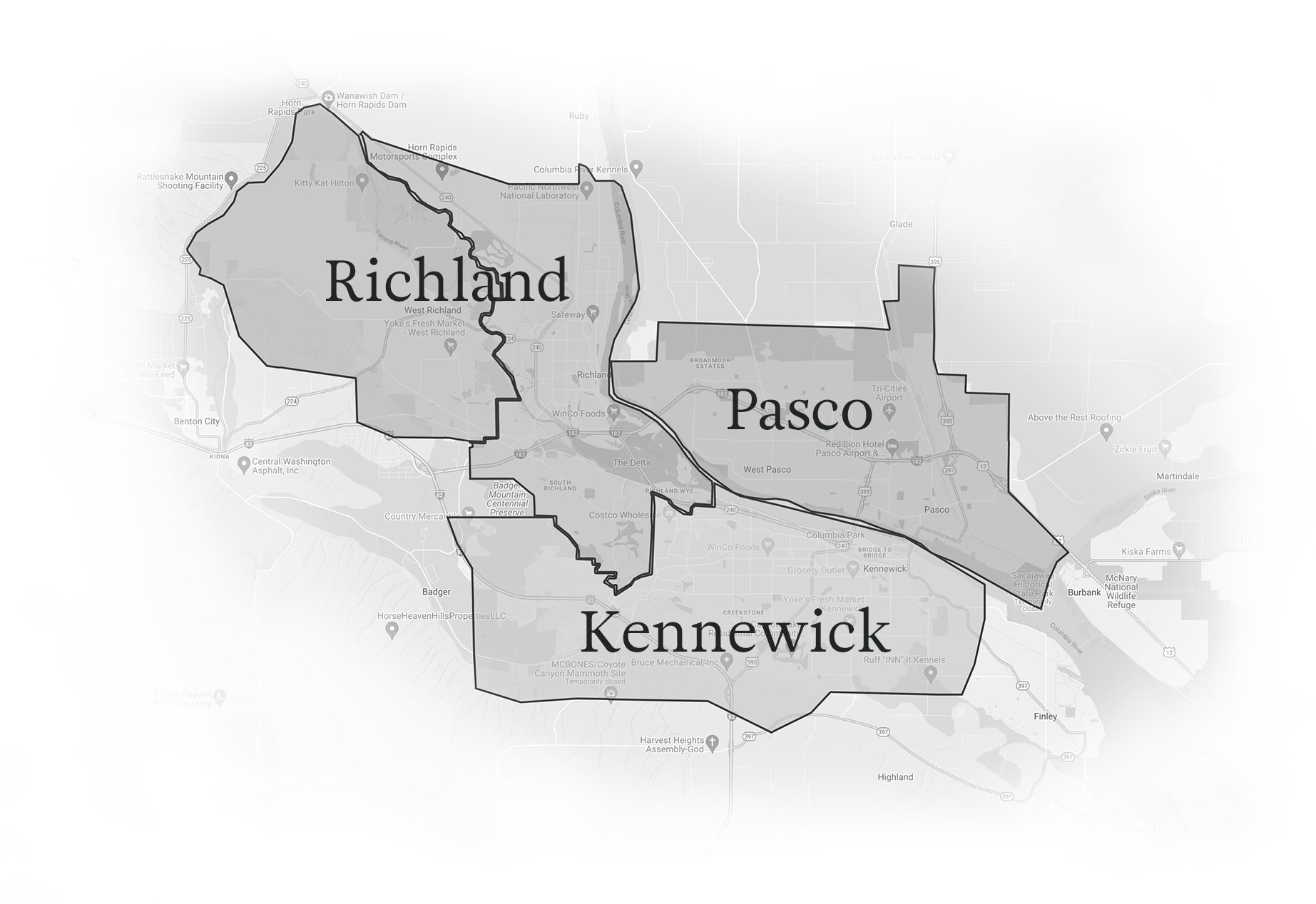 brett lott homes services the tri-cities area - map of richland, pasco, and kennewick